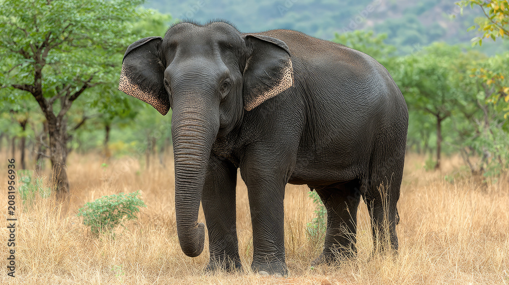 Fototapeta premium Majestic Indian Elephant Standing in a Dry Grassy Field with Trees.