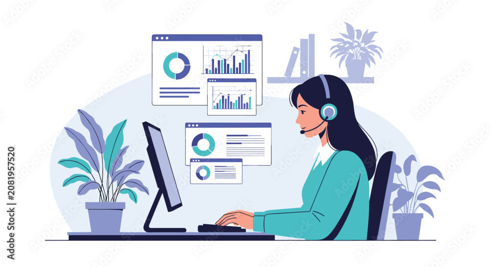 Fototapeta premium Professional female customer service representative wears a headset while working at a computer with data charts and plants.