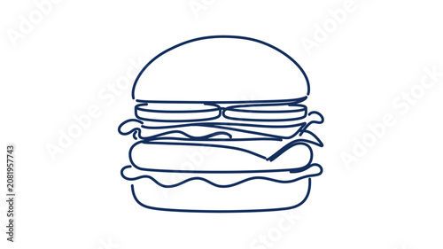 Blue outline stacked burger vector icon with minimalist illustration style, rounded bun, layered fillings and clean white space, great for dining apps, takeout labels, menu boards and cafe branding