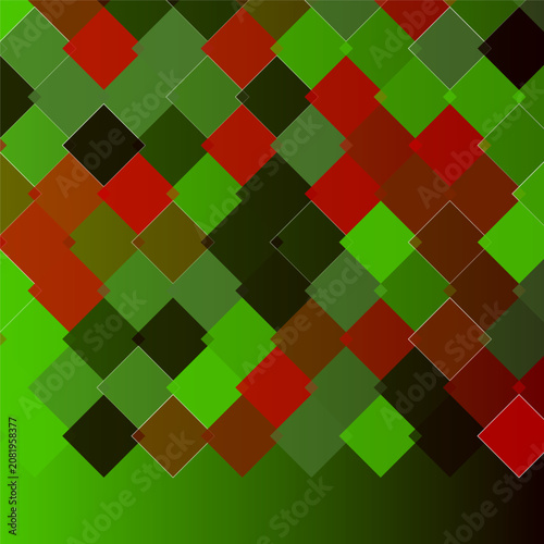 Geometric pattern of colorful squares in shades of green red and brown forming a mosaic texture  abstract background design