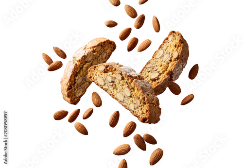 Crispy almond biscotti, traditional Italian cantucci cookies, sweet crunchy biscuits with nuts, delicious baked dessert snacks isolated on Transparent Background