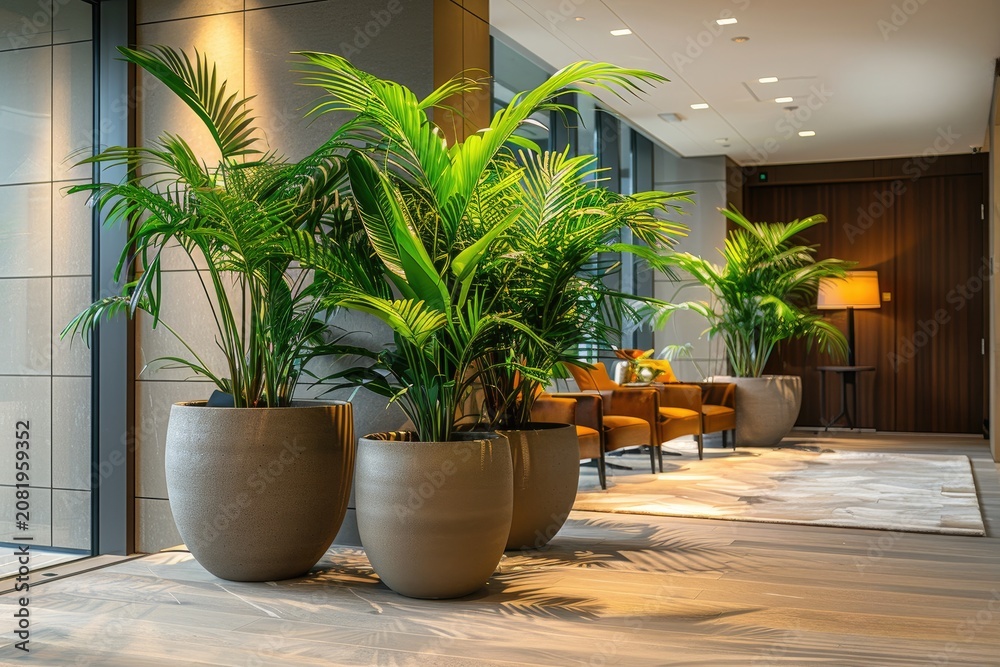 Fototapeta premium Indoor lobby area featuring large potted plants and modern seating arrangement with warm lighting and elegant decor elements