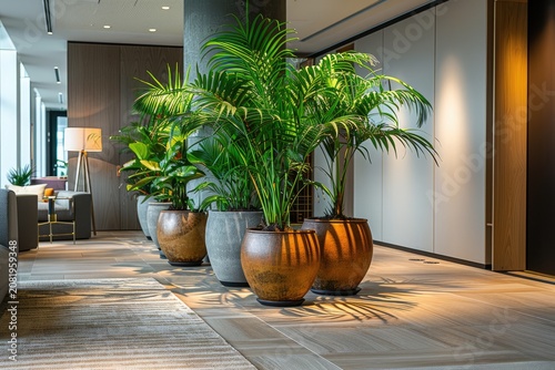 Potted tropical plants arranged in decorative ceramic pots inside a modern office lobby with natural light and contemporary furnishings