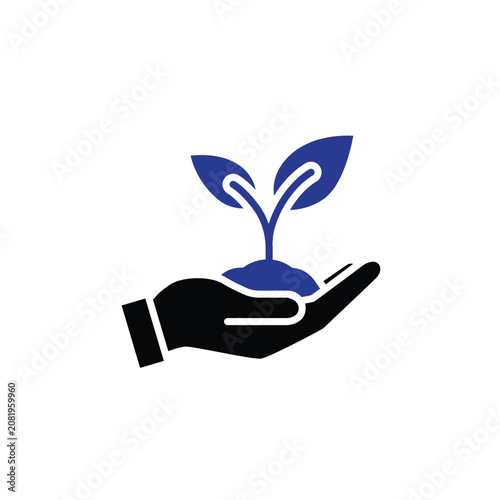 Sustainable icon. Plant care. Hands cradling a leafy seedling. Renewable, resource. Flat design style.