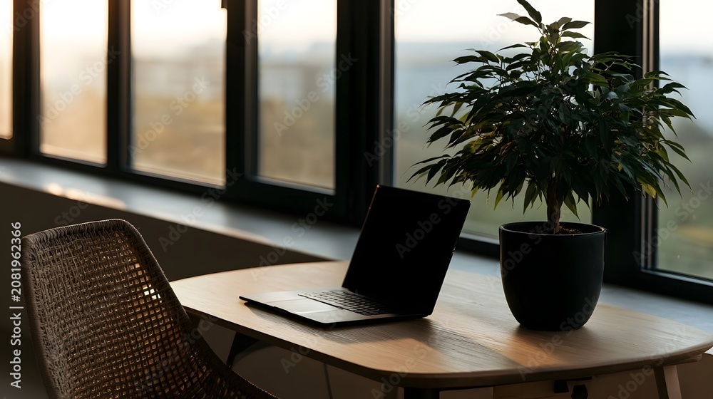 Fototapeta premium Minimalist workspace featuring wooden desk woven chair laptop and potted plant near large with soft natural light