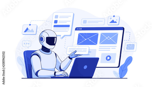 Cute robot points at computer screen showing webpage design