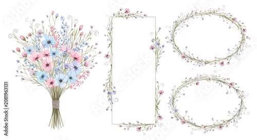 Botanical Watercolor Frame Clipart Bundle with Colorful Garden Flower Border Illustrations