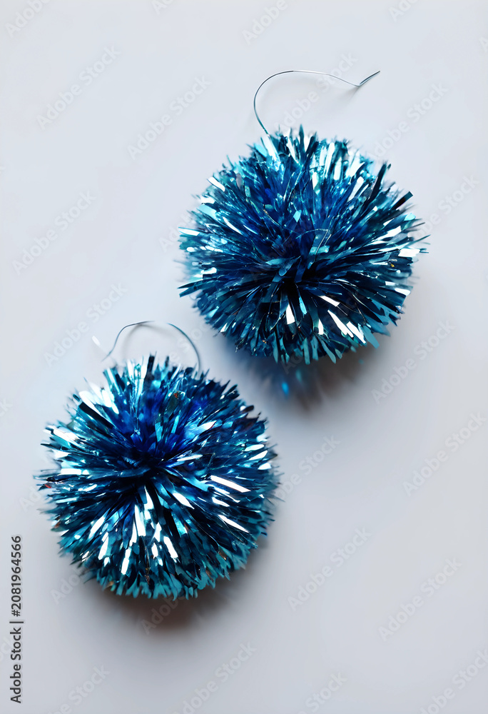 Fototapeta premium Two blue tinsel pom-poms on white background