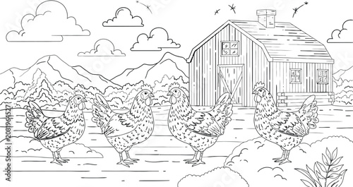 Bild auf Leinwand Four chickens pecking near a rustic farmhouse