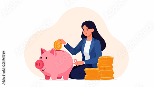Woman happily saves money by putting coins in a piggy bank