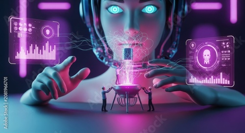 Advanced humanoid robot with glowing blue eyes interacting with miniature engineers and a futuristic device