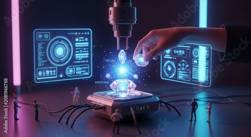 Futuristic laboratory analyzes glowing gems with holographic displays and miniature figures, showcasing scientific discovery.