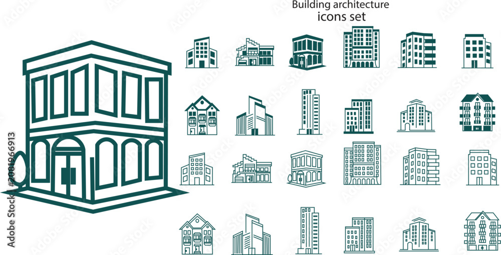 Fototapeta premium Building architecture icons set with outline and solid vector glyphs of modern houses. Office building icon representing business, corporate company and commercial real estate. Line and silhouette ill