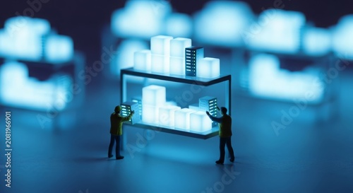 Miniature engineers optimizing futuristic glowing city blocks on a multi-level structure, representing technological advancement and urban planning concepts.
