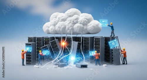 Miniature Engineers Restoring a Cloud Computing Data Network with Servers and Digital Connections