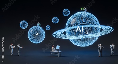 Miniature scientists exploring AI-powered planets and futuristic digital worlds, symbolizing technological advancement and discovery