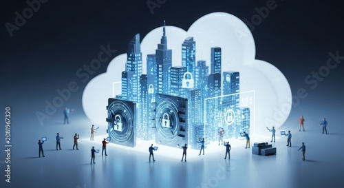 Miniature workers securing a futuristic digital city with encrypted data architecture, illustrating cybersecurity and information protection