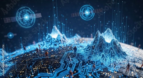 Tiny explorers navigate a glowing futuristic digital landscape with orbiting satellites