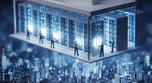 Tiny engineers managing a vast glowing digital data center above a futuristic cityscape