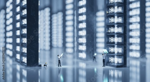 Tiny figures interact with holographic data displays in a futuristic server environment