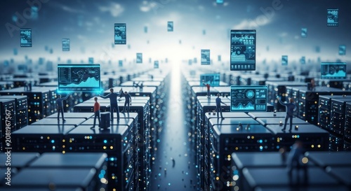 Tiny figures interacting with holographic data displays in a futuristic server farm environment