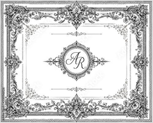Decorative frame with ornate design and initials on transparent background