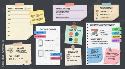 A vibrant vector illustration of a travel checklist and weekly planner with colorful stickers and notes on a dark background.