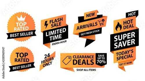 Collection of colorful promotional vector labels and badges for clearance deals and sales