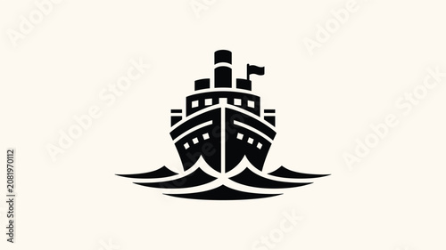 Konstfotografi A black silhouette of a large passenger ship or cruise liner sailing on waves, viewed from front