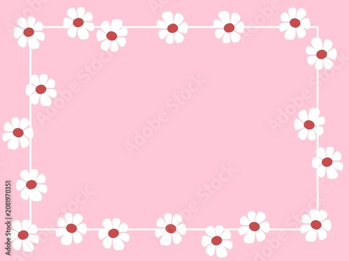 Aesthetic rectangular frame decorated with beautiful white daisies on a pastel pink background. 