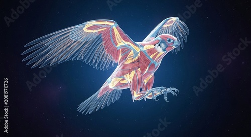 Anatomical Study of a Holographic Falcon in Flight Showing Muscle Structure