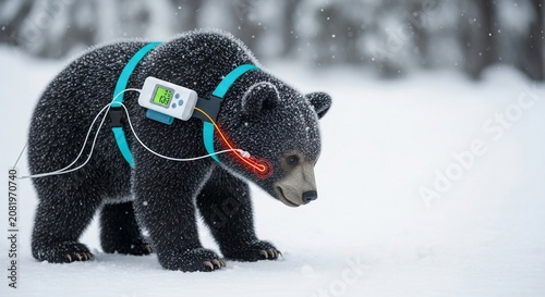 Bear Equipped With Advanced Animal Monitoring Technology in Snowy Winter Environment