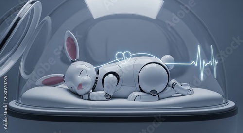 Adorable robot bunny companion peacefully resting with futuristic monitoring technology