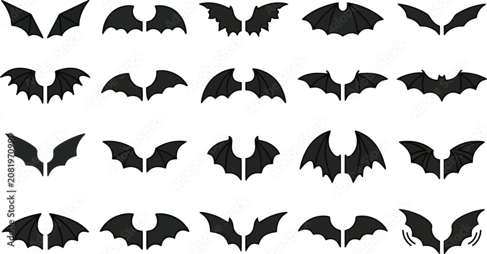 Fototapeta premium Set of twenty unique bat wing silhouettes for Halloween and fantasy graphic design projects.