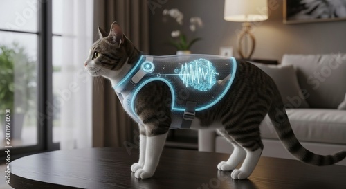 Domestic cat wearing an advanced smart health monitoring vest with glowing digital display
