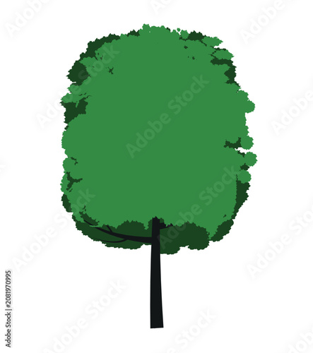 A tree drawn by hand. Green leaves on branches and curved trunk. Vector Illustration.