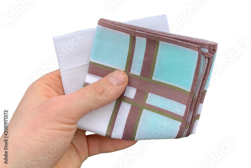 Konstfotografi A close-up of a hand holding folded cotton handkerchief isolated on a white background