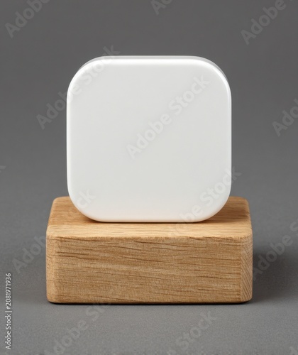 Minimalist white rounded square object on a wooden block pedestal.