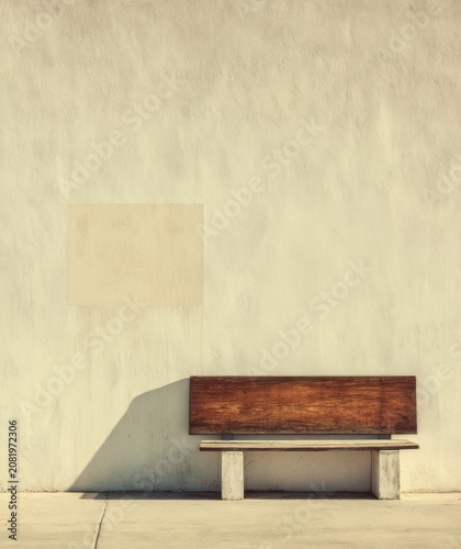 Minimalist wooden bench casting a long shadow against a textured wall.