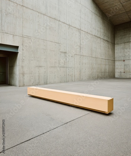 Minimalist wooden bench in a modern concrete art gallery interior.