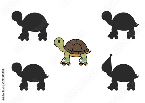Playful cartoon turtle on roller skates surrounded by shadowy silhouettes, representing movement and fun, suitable for children's educational materials or playful branding.  