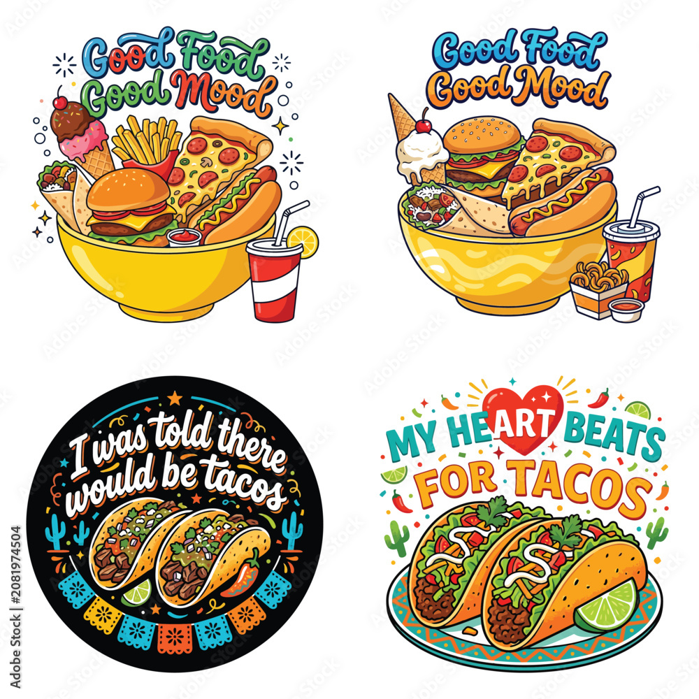 Naklejka premium Set of colorful fast food illustrations with funny quotes and typography for restaurant menu design