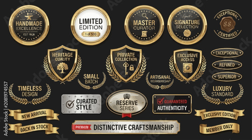Refined vector collection of premium golden badges and elegant emblems, ideal for luxurious branding, quality certification, and exclusive product design elements