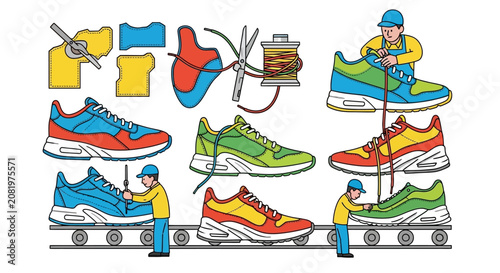 Workers Assembling Colorful Athletic Sneakers