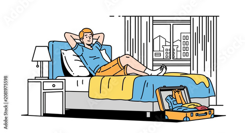 Man Relaxing on Bed with Suitcase