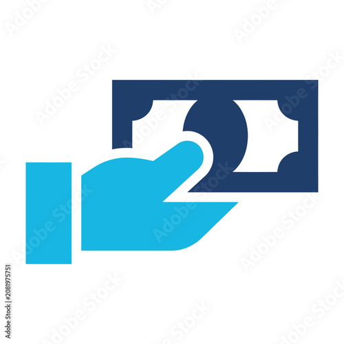 Canvastavla Flat of a hand holding a paper money bill isolated on a plain white background c