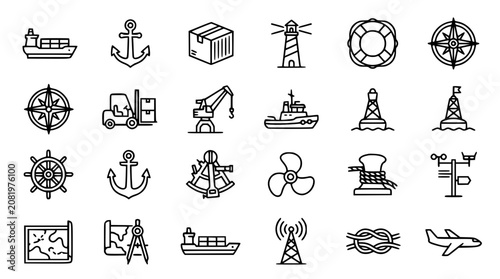 Foto Nautical and shipping icons with maritime transport and navigation symbols on wh