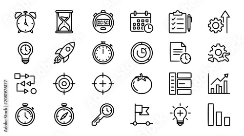 Time management icons arranged on a white background with concepts for planning and productivity
