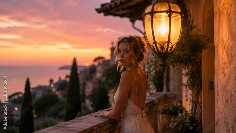 Fototapeta premium A woman with her back to the camera stands on a balcony, illuminated by an ornate hanging lamp, overlooking a coastal town at sunset