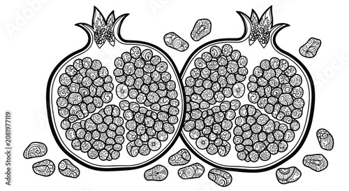 Highly intricate black and white illustration of two halved pomegranates, showcasing their numerous patterned seeds and detailed internal compartments, surrounded by scattered decorative seeds.